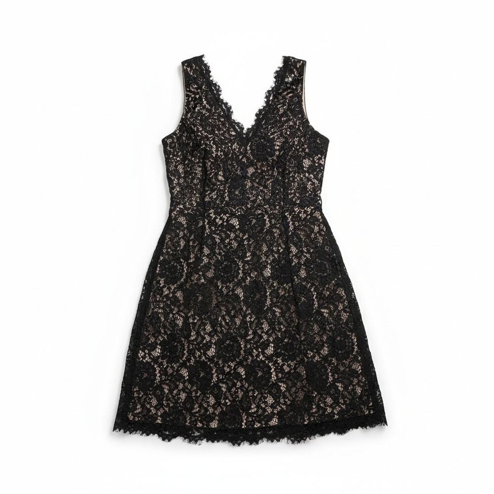 Black Lace Cocktail Dress: A-line, Fringe Vneck adds Witchy Whimsey, W Size 14